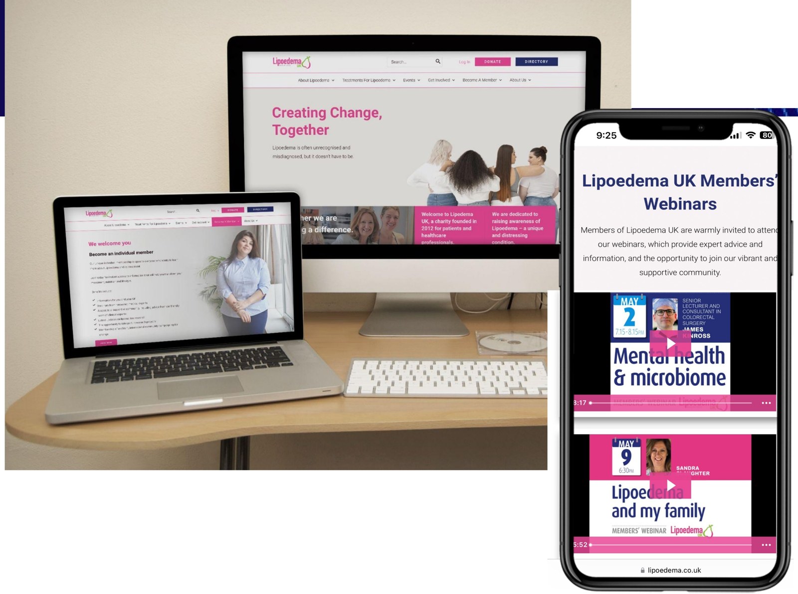 Lipoedema UK website on a desktop, laptop and phone
