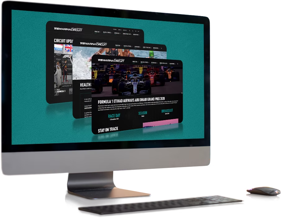 Yas Marina Circuit website pages on a desktop screen